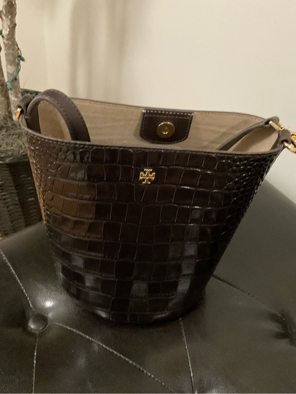 Tory Burch Dark Brown Croc-Embossed Bucket Shoulder Bag